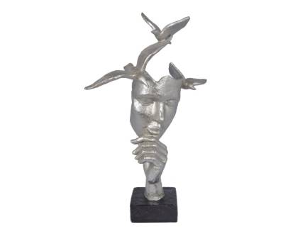 Statueta chip cu mana si pasari gri-auriu din metal 