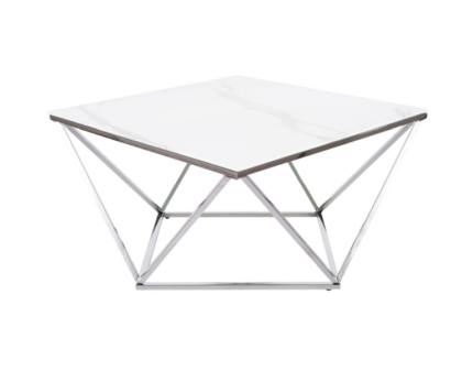 Masuta SILVER A II din sticla cu efect de marmura alba, metal crom 80x80xH45cm