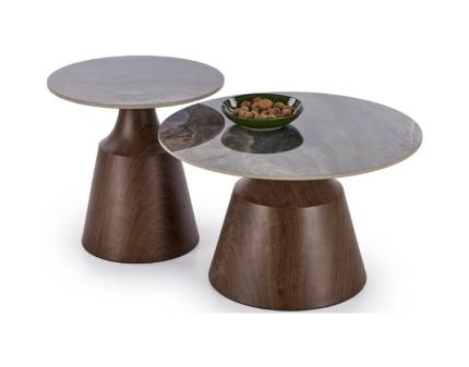 Set 2 masute TOWER din otel sinterizat cu efect de marmura maro, nuc 70xH42cm/ 50xH49cm