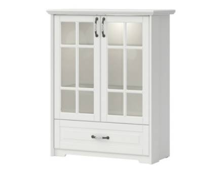 Vitrina lata cu 2 usi din sticla cu led si 1 sertar EVERGREEN 101x128x49cm ivory/ pin polar