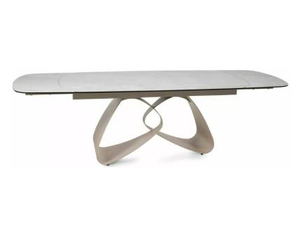 Masa extensibila VALENTINO CERAMIC din ceramica Taj Mahal bej lucios, sticla securizata si metal casmir 180-260x87xH75cm