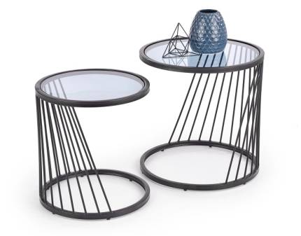 Set 2 masute ANTILLA din sticla transparenta, metal negru 50xH50cm / 42xH45cm