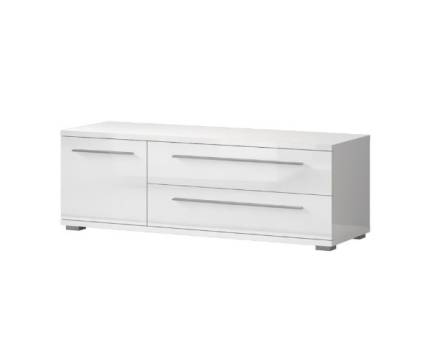 Comoda TV cu 1 usa si 2 sertare PIANO WHITE 135x46x45cm alb lucios, manere si picioare crom
