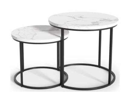 Set 2 masute OREO WHITE din MDF laminat cu efect de marmura alba, metal negru 53xH45cm / 43xH35cm