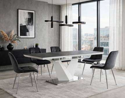 Set dining masa extensibila ALARAS II 120-180x80xH75cm si 6 scaune CHIC VELVET CHROM tapitate catifea negre