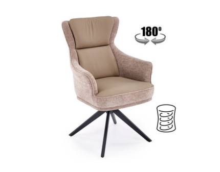 Scaun tapitat K611 rotativ, cu arcuri, material textil dark beige/ ecopiele cappuccino 64x66xH96cm, picioare negre  