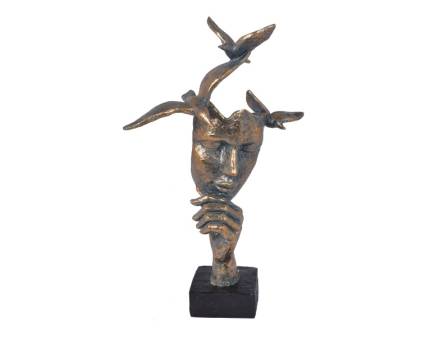 Statueta chip cu mana si pasari auriu-grafit din metal 