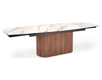 Masa extensibila FLAVOR din sticla si ceramica cu efect de marmura alba, MDF nuanta nucului, metal negru 220-300x90xH77cm