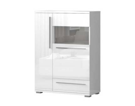 Vitrina lata cu 2 usi cu sticla si 1 sertar PIANO WHITE 90x123x40cm alb lucios - sticla, manere si picioare crom