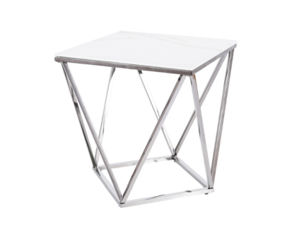 Masuta SILVER B II din sticla cu efect de marmura alba, metal crom 50x50xH53cm