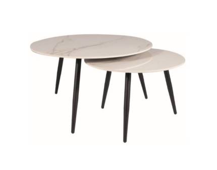 Set 2 masute KORA D din ceramica cu efect de marmura alba, metal negru 60xH40cm / 80xH45cm
