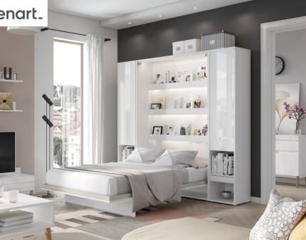 LENART BED CONCEPT set pat (160x200cm) rabatabil pe perete cu 2 dulapuri 261x45-228x218cm alb lucios