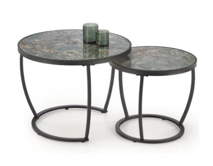 Set 2 masute INES GREEN din otel sinterizat cu efect de marmura verde, metal negru 50xH43cm / 62xH47cm