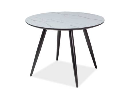 Masa rotunda IDEAL din MDF si sticla cu efect de marmura alba, metal negru 100xH75cm