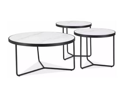 Set 3 masute DEMETER WHITE din ceramica cu efect de marmura alba + metal negru 80xH40cm / 50xH50cm / 50xH45cm 