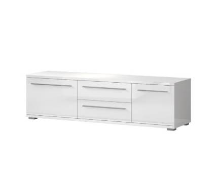 Comoda TV cu 2 usi si 2 sertare PIANO WHITE 165x46x45cm alb lucios, manere si picioare crom