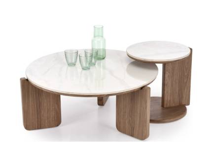 Set 2 masute DIUNA din MDF sinterizat furniruit cu efect de marmura alba/ nuc deschis 80xH36cm/ 41xH42cm