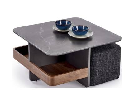 Masuta VICKER din MDF sinterizat cu efect de marmura neagra/ furniruit nuc, cu 2 tabureti tapitati gri inchis 70x70xH37cm