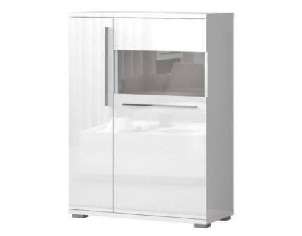 Vitrina lata cu 2 usi cu sticla PIANO WHITE 90x123x40cm alb lucios - sticla, manere si picioare crom