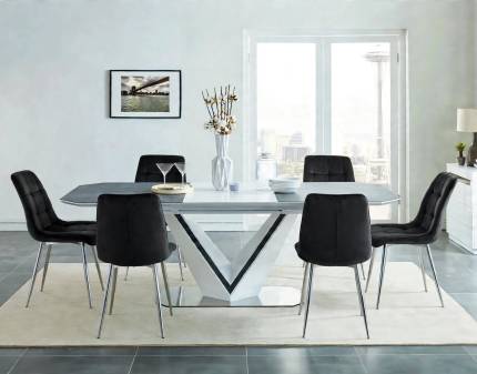 Set dining masa extensibila VALERIO CERAMIC 160-220x90xH76cm si 6 scaune CHIC VELVET CHROM tapitate catifea neagra