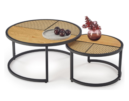 Set 2 masute GARMINA din MDF furniruit si rattan sintetic stejar, metal negru 50xH38cm / 70xH36cm