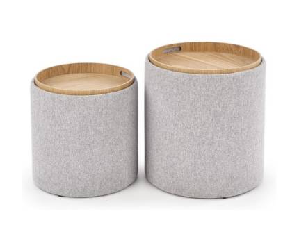 Set 2 tabureti AVIKO cu spatiu pentru depozitare, transformabil in masute, material textil gri 35xH39cm / 38xH45cm