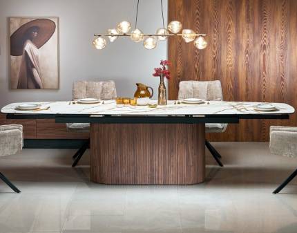 Masa extensibila FLAVOR din sticla si ceramica cu efect de marmura alba, MDF nuanta nucului, metal negru 220-300x90xH77cm