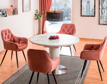 Set dining masa extensibila HELIOS 120-160xH76cm si 4 scaune CHERRY VELVET tapitate catifea roz 