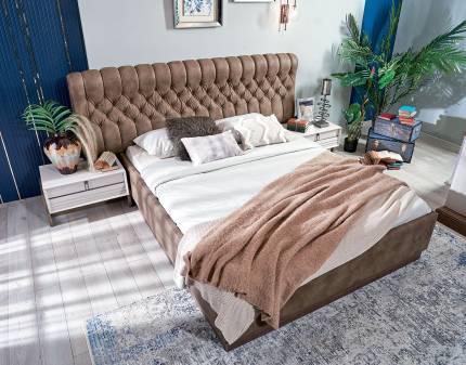 Pat tapitat cu somiera si spatiu pentru depozitare (160x200cm) MIRAGE ecopiele maro, design chesterfield