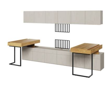 Set 2 birouri mici cu corpuri suspendate TEEN FLEX 06B 300x110x193cm cu 2 comode, suport pentru suspendat TV cu sistem de iluminare LED 