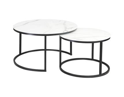 Set 2 masute ATLANTA C din sticla cu efect de marmura alba, metal negru 60xH42cm / 80xH45cm