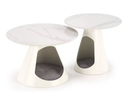 Set 2 masute OSARIO cu spatiu pentru animalute, din piatra sinterizata cu efect de marmura alba 60xH40cm / 50xH46cm
